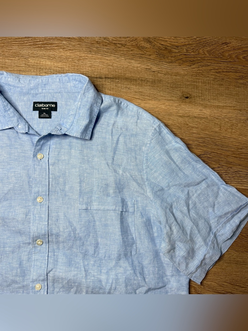 Claiborne Light Blue Linen Short-Sleeve Button-Down Shirt